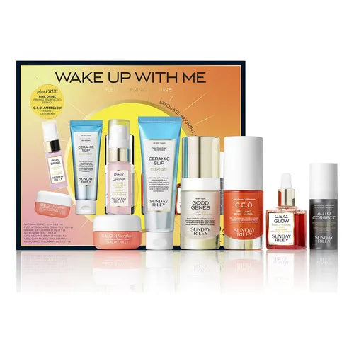 SUNDAY RILEY- WAKE UP WITH ME, COMPLETE MORNING ROUTINE, EXFOLIATE, BRIGHTEN, GLOW. 7 PCS. (EMPAQUE DAÑADO)