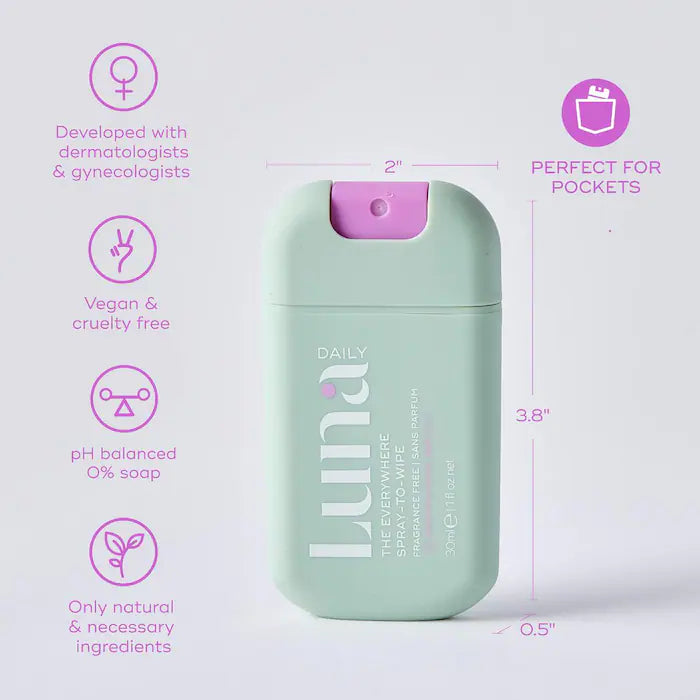 Luna Daily  The Mini Everywhere Spray-To-Wipe - With Prebiotics + Vitamins C&E, for Sensitive Skin
