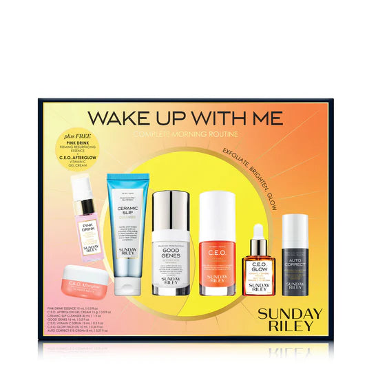 SUNDAY RILEY- WAKE UP WITH ME, COMPLETE MORNING ROUTINE, EXFOLIATE, BRIGHTEN, GLOW. 7 PCS. (EMPAQUE DAÑADO)